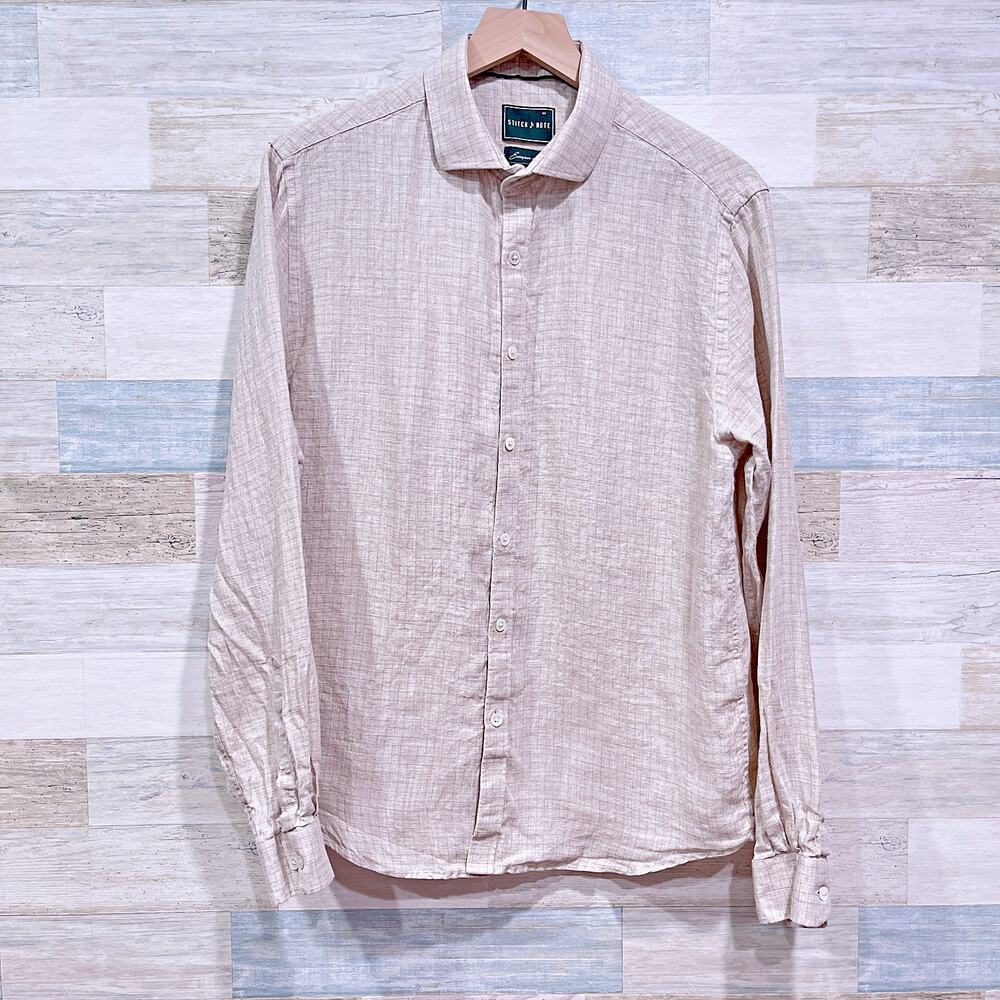 Stitch Note European Linen Shirt Long Sleeve Button Down Beige Check Mens Medium